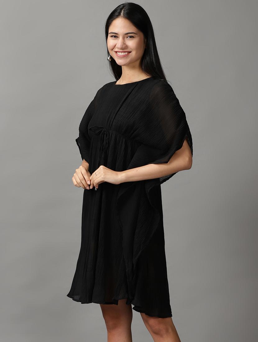 black solid fit & flare dress - 18659138 - Standard Image - 2