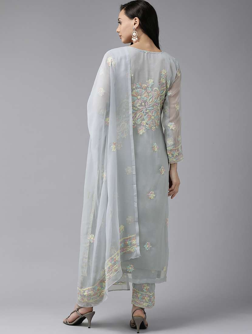 ada hand-embroidered grey chikankari unstitched straight pant suit set - 18679723 - Standard Image - 2