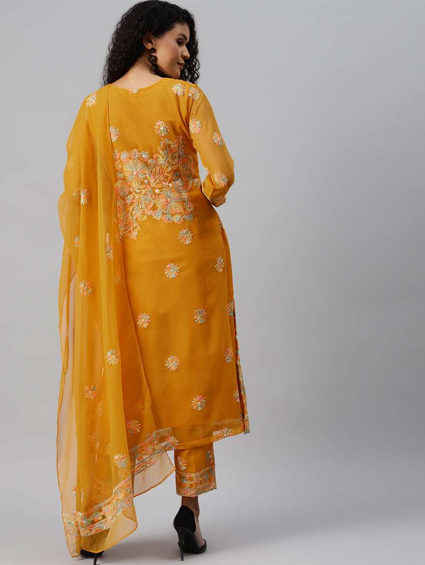ada hand-embroidered mustard chikankari unstitched straight pant suit set - 18679725 - Standard Image - 2