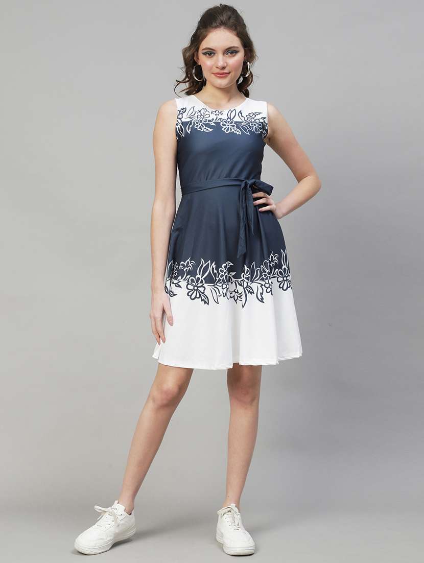 blue & white printed crepe a-line dress
