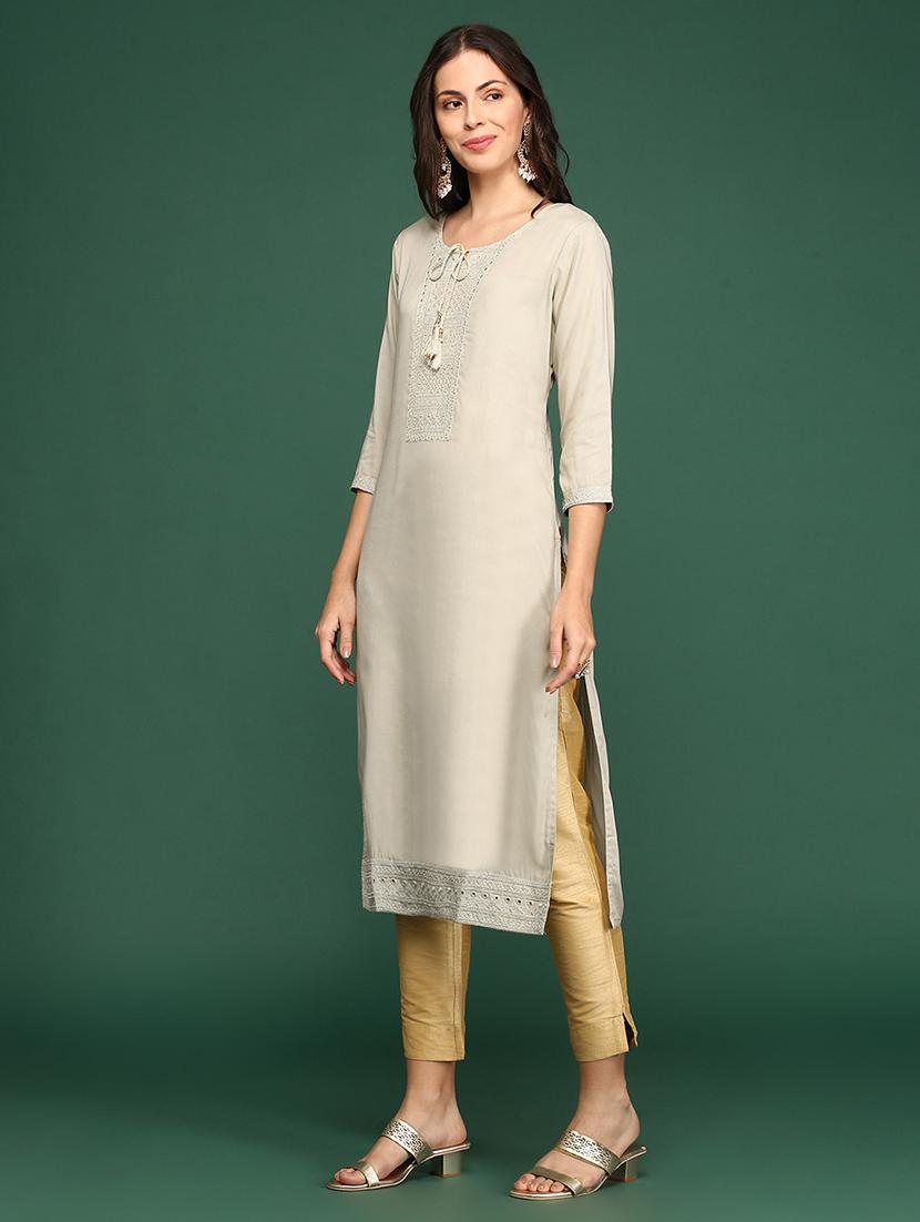 cream art silk straight kurta - 18683021 - Standard Image - 2