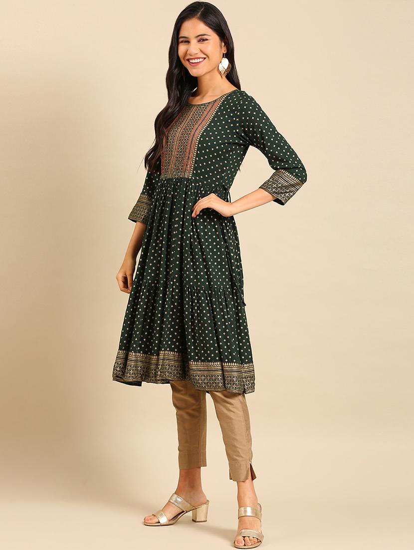 green cotton anarkali kurta - 18683035 - Zoom Image - 0
