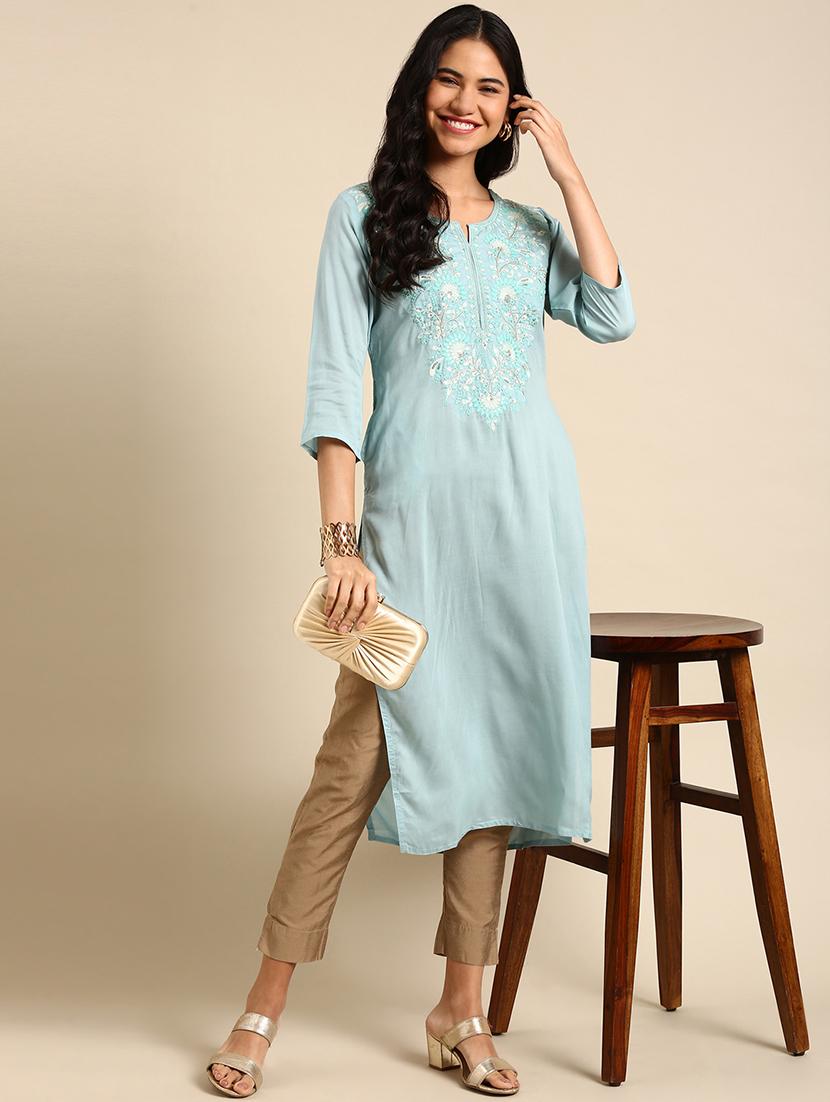 blue chanderi straight kurta - 18683043 - Standard Image - 2