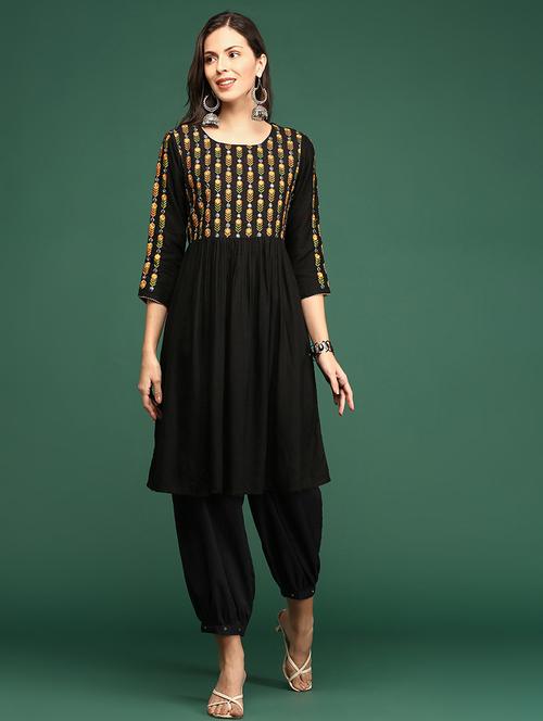 black cotton anarkali kurta - 18683120 -  Standard Image - 0