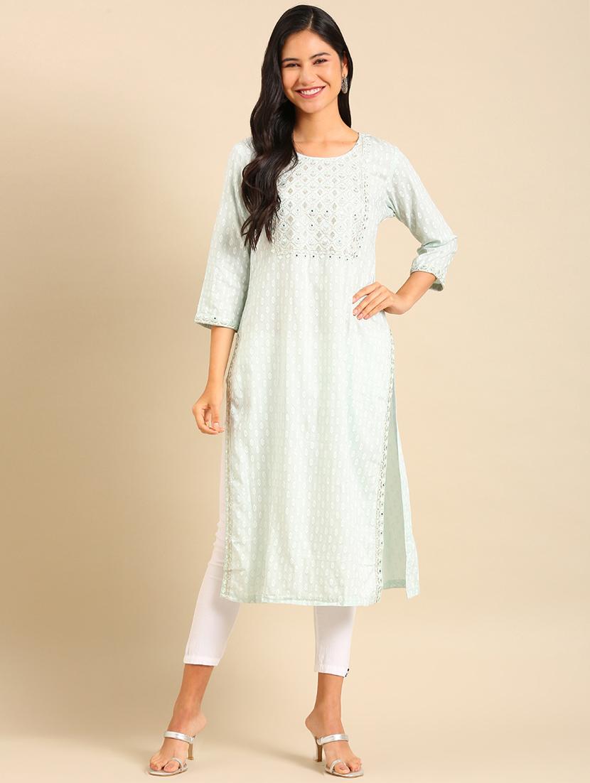 green cotton straight kurta - 18683149 -  Zoom Image - 0