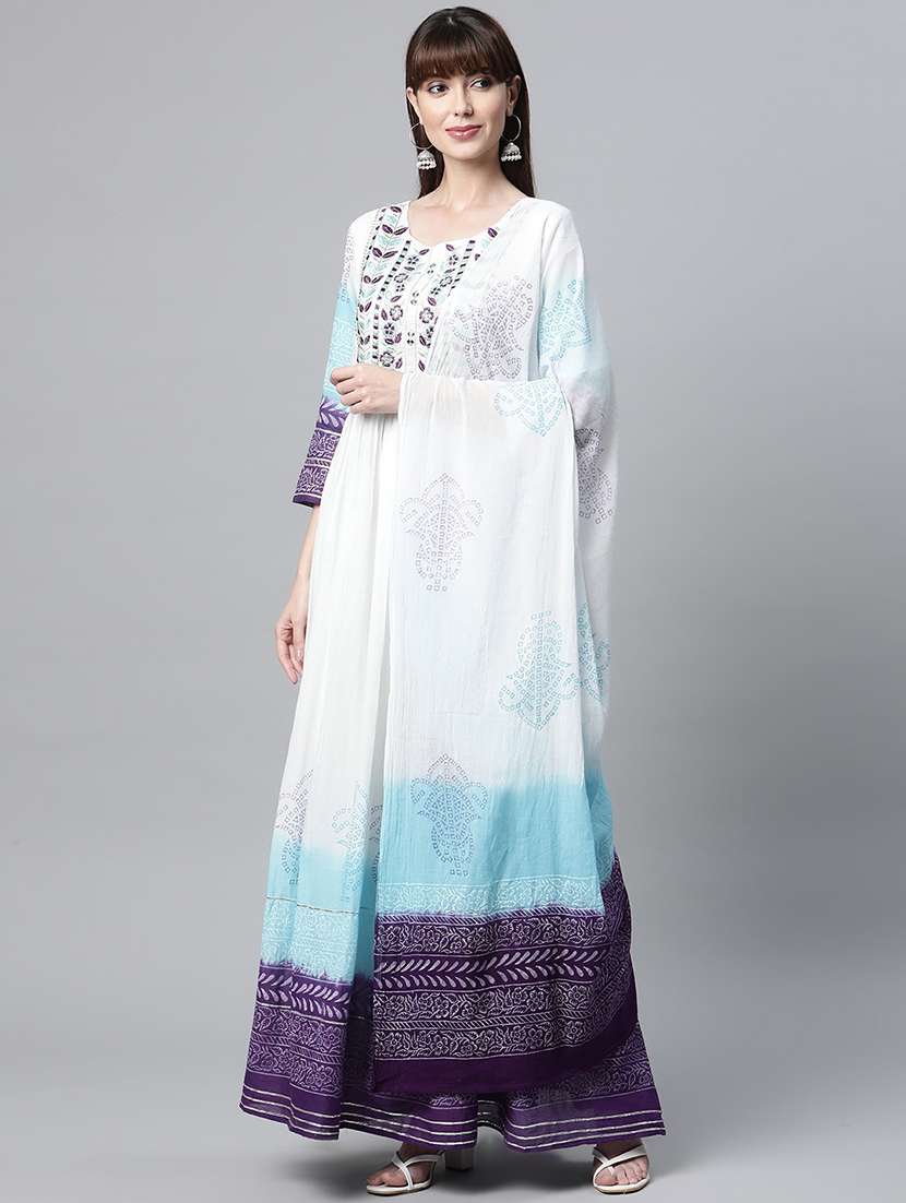 white printed anarkali kurta with dupatta 