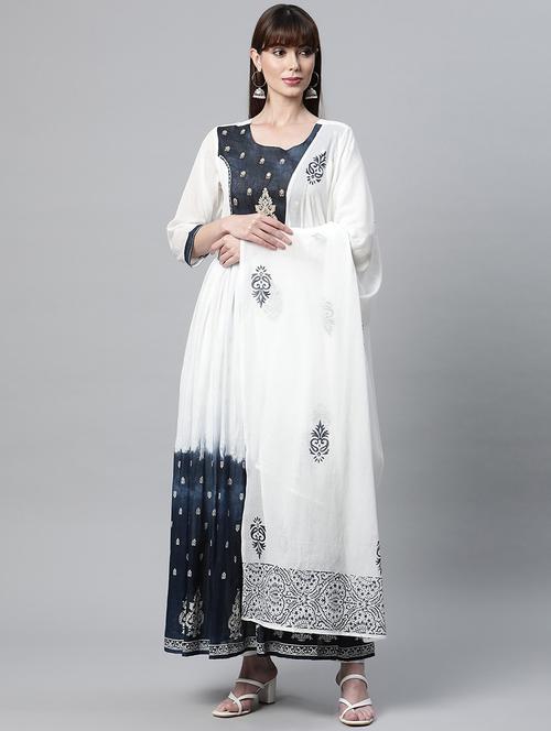 white printed anarkali kurta with dupatta - 18686842 - Standard Image - 0