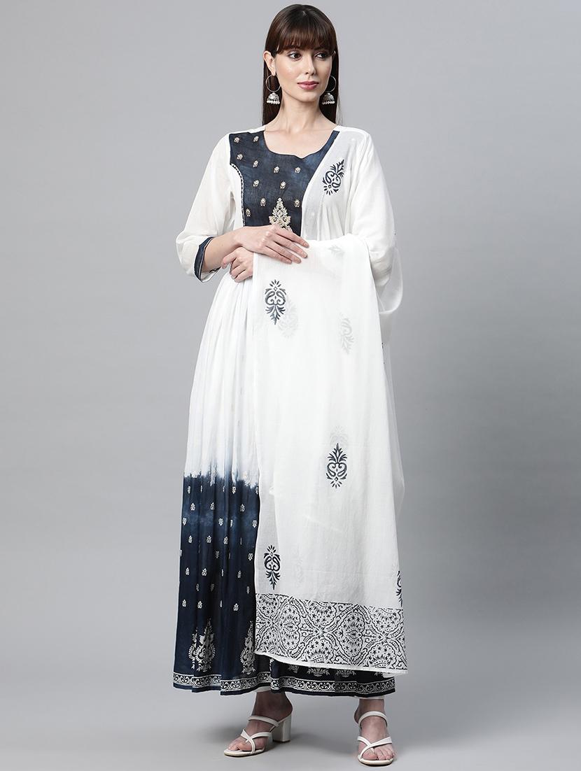 white printed anarkali kurta with dupatta - 18686842 - Zoom Image - 0