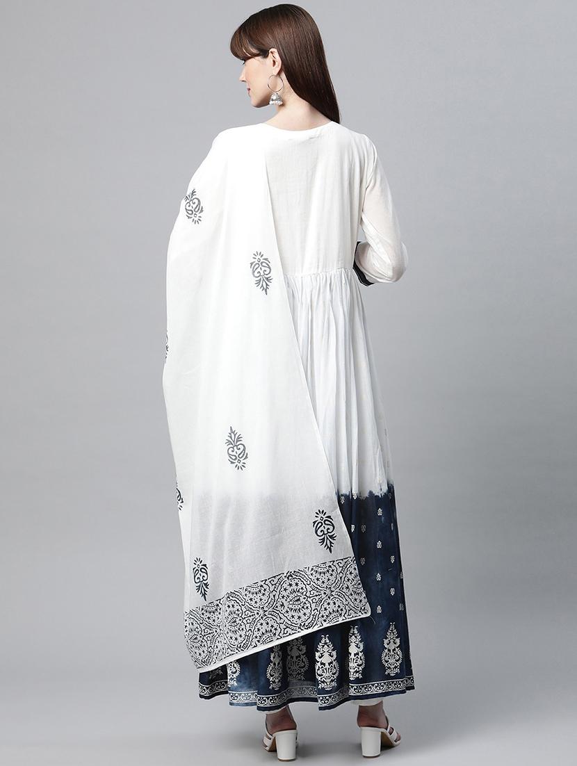 white printed anarkali kurta with dupatta - 18686842 - Standard Image - 2