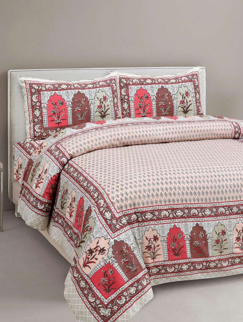 uniqchoice 180 tc beige color floral printed king size bedsheet with 2 pillow cover (eleg-08-beige)