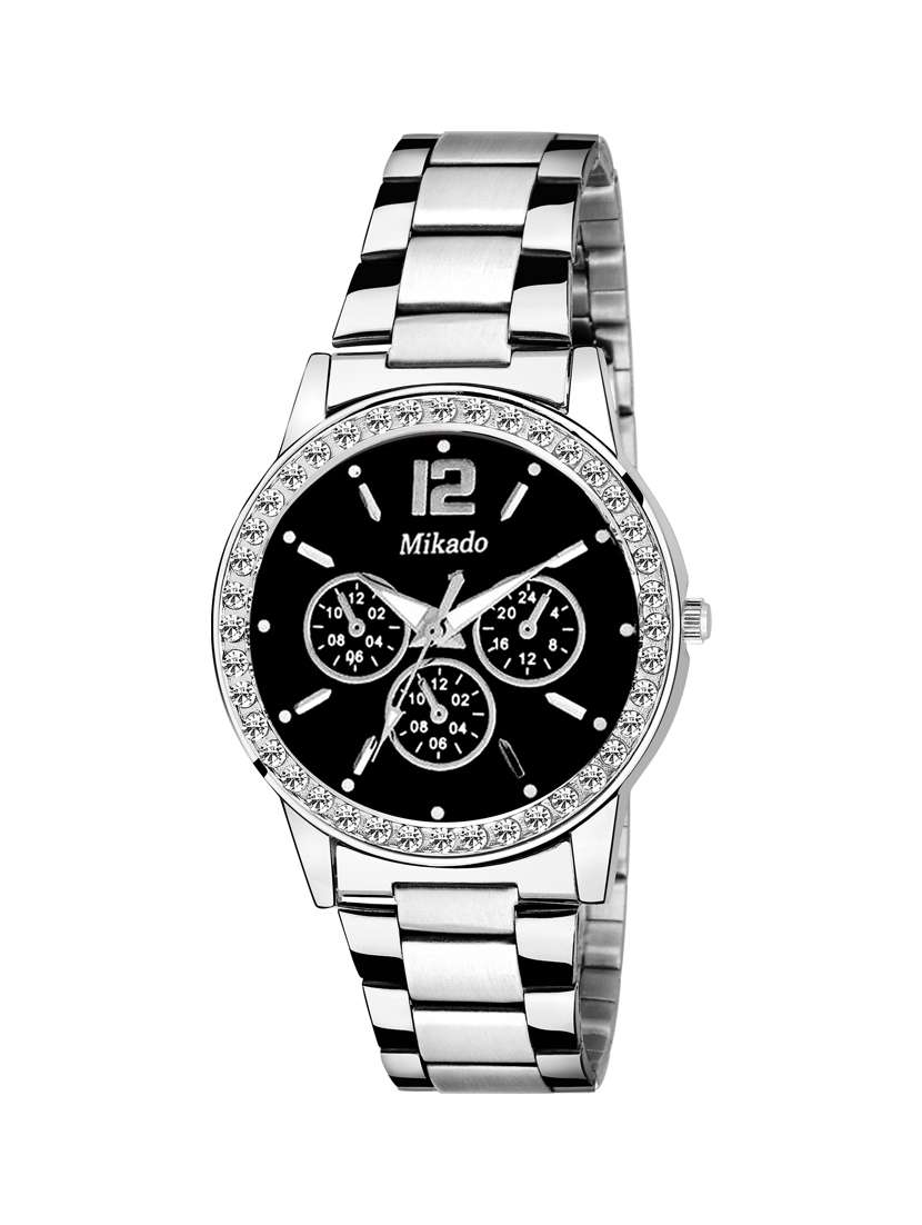 royal metal chain black dial watch for women and girls
