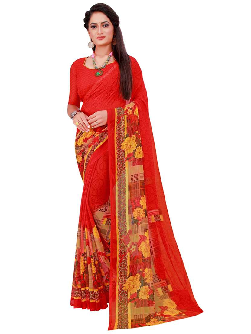 women's printed red colored saree with blouse