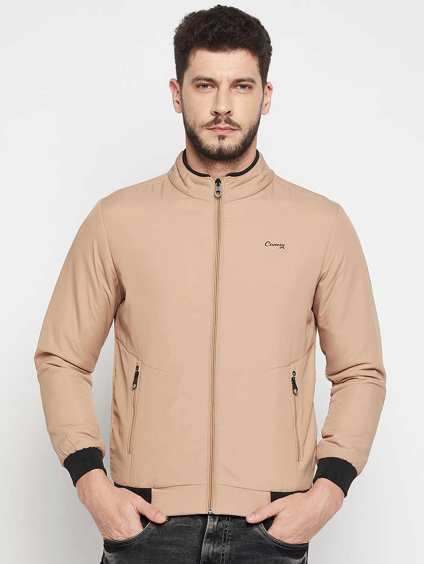 beige polyester bomber jacket