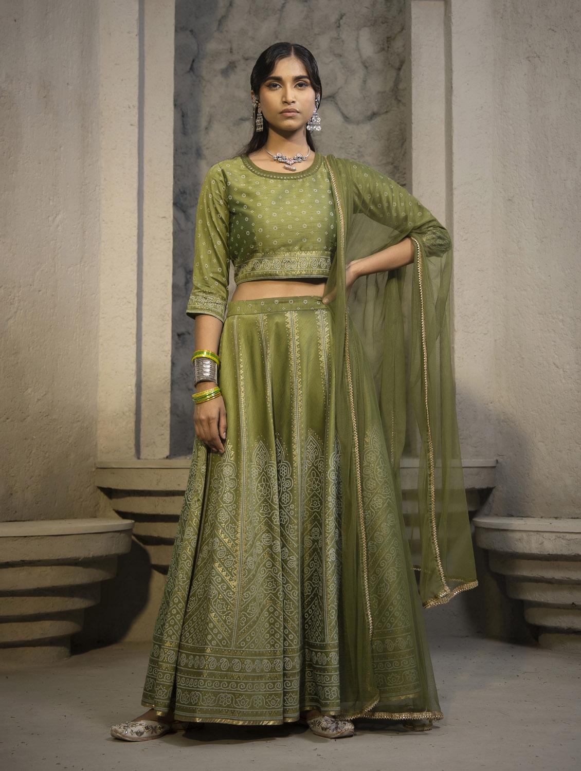 olive flared lehenga - 18699857 -  Zoom Image - 0