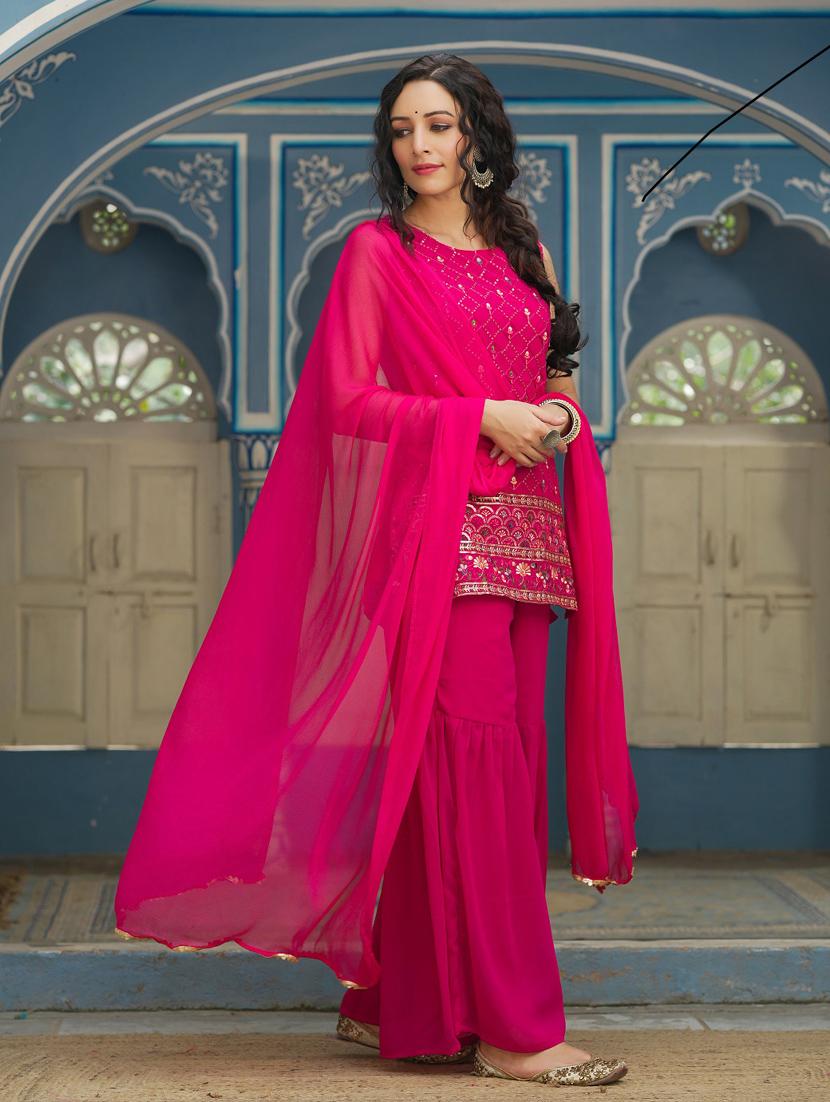 fuchsia kurta sharara set with dupatta - 18699878 - Standard Image - 2