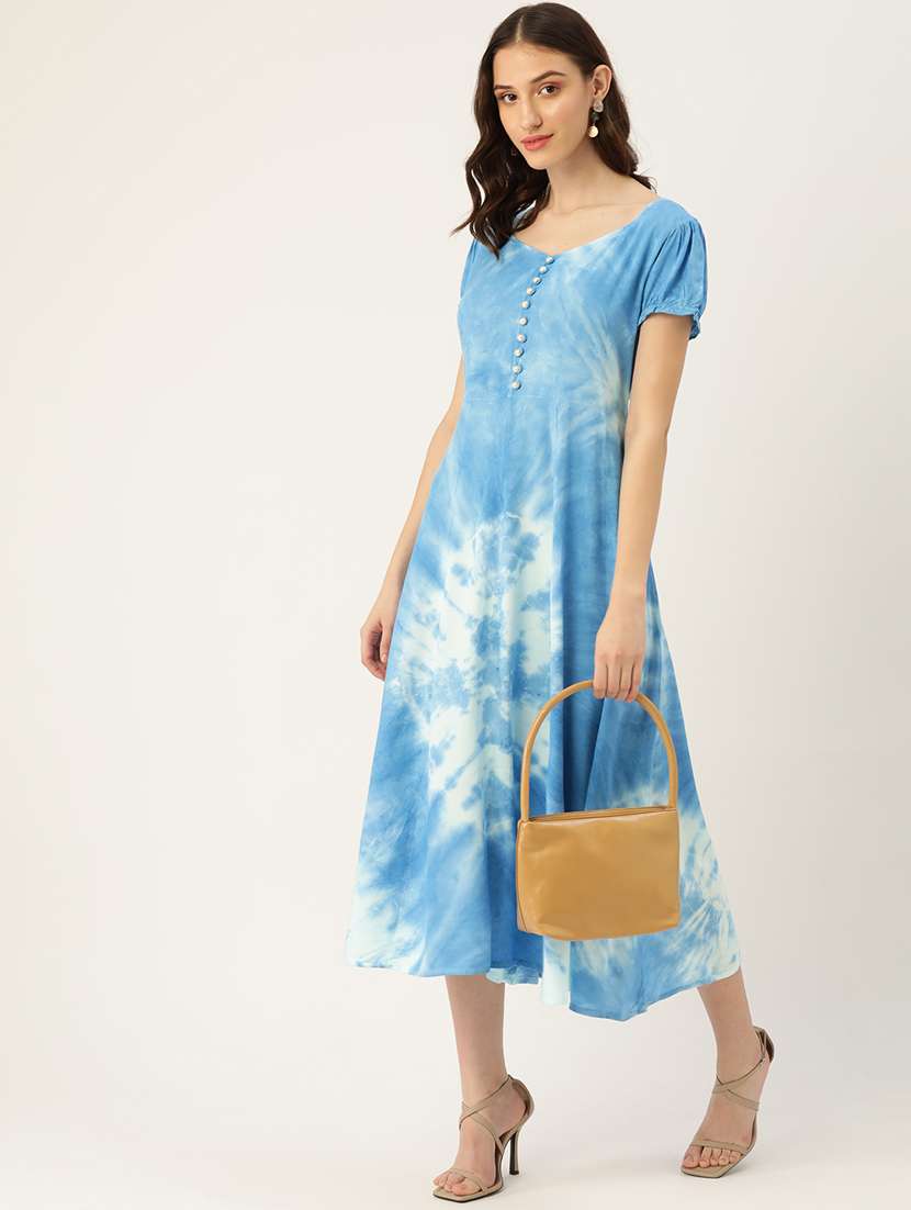 blue rayon flared ethnic dress