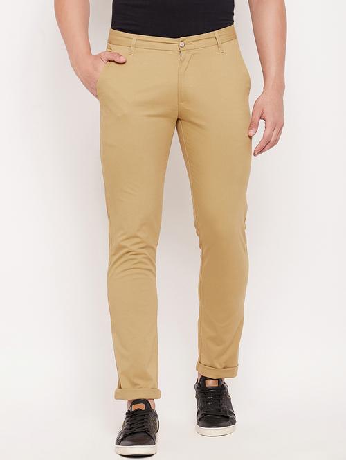 brown cotton flat front casual trousers - 18701463 - Standard Image - 0
