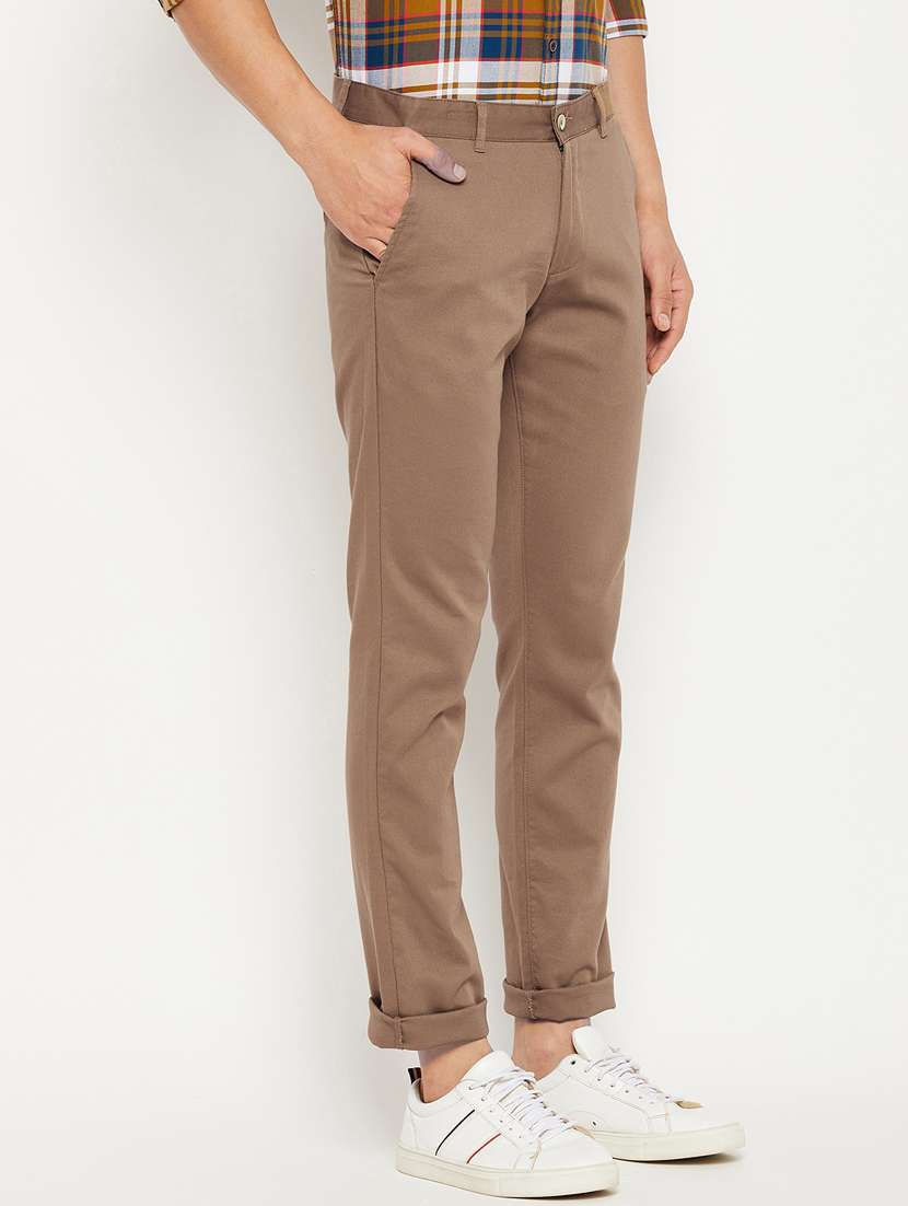 brown solid flat front casual trouser - 18701662 -  Standard Image - 2
