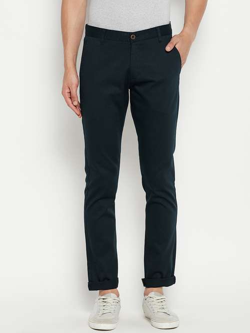 blue solid flat front casual trouser - 18701663 -  Standard Image - 0