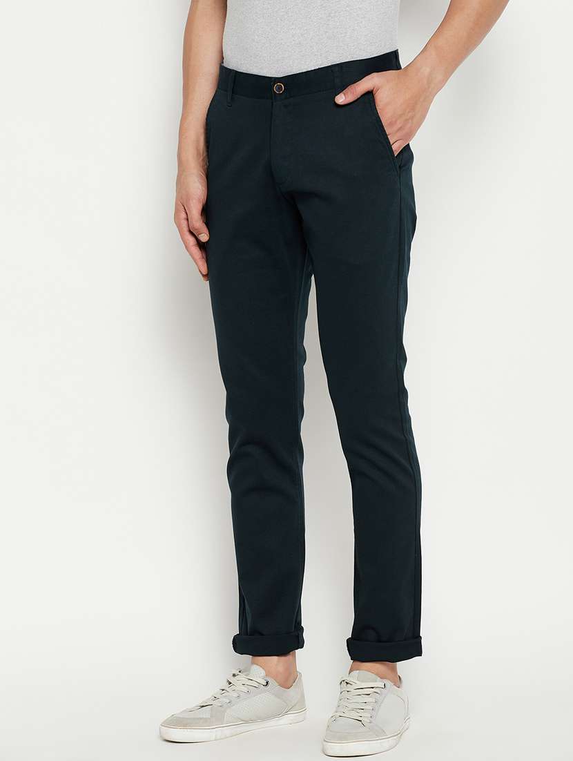 blue solid flat front casual trouser - 18701663 -  Standard Image - 2