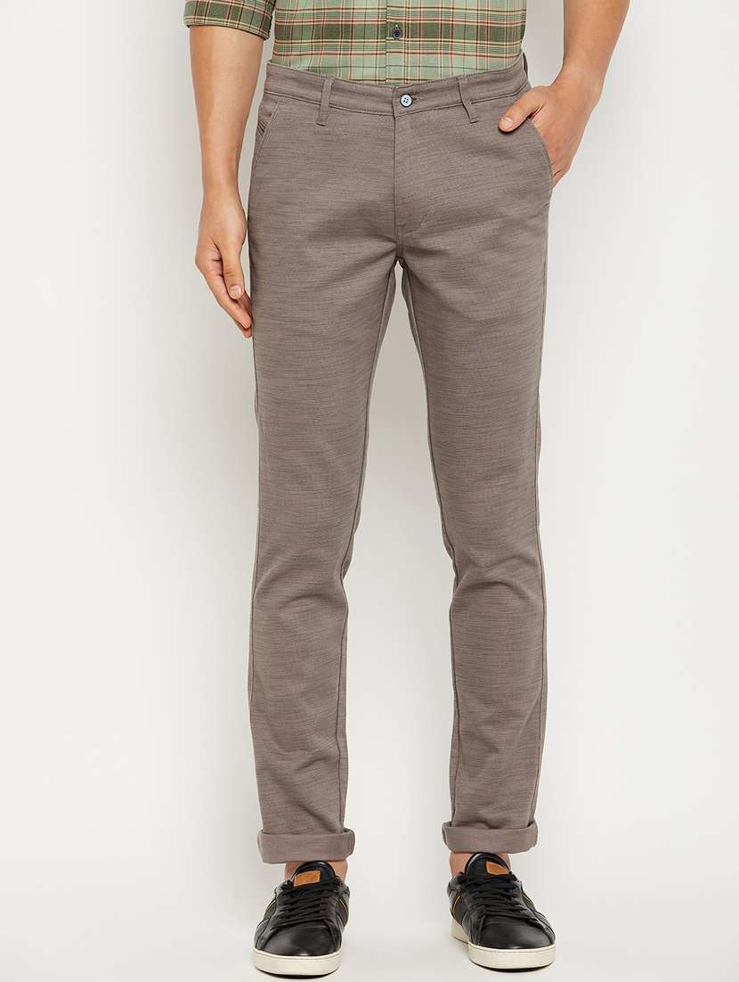 grey solid flat front casual trouser