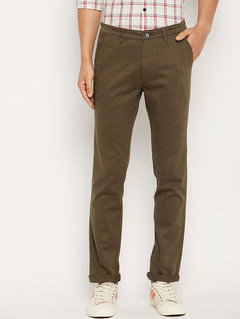 brown solid flat front casual trouser