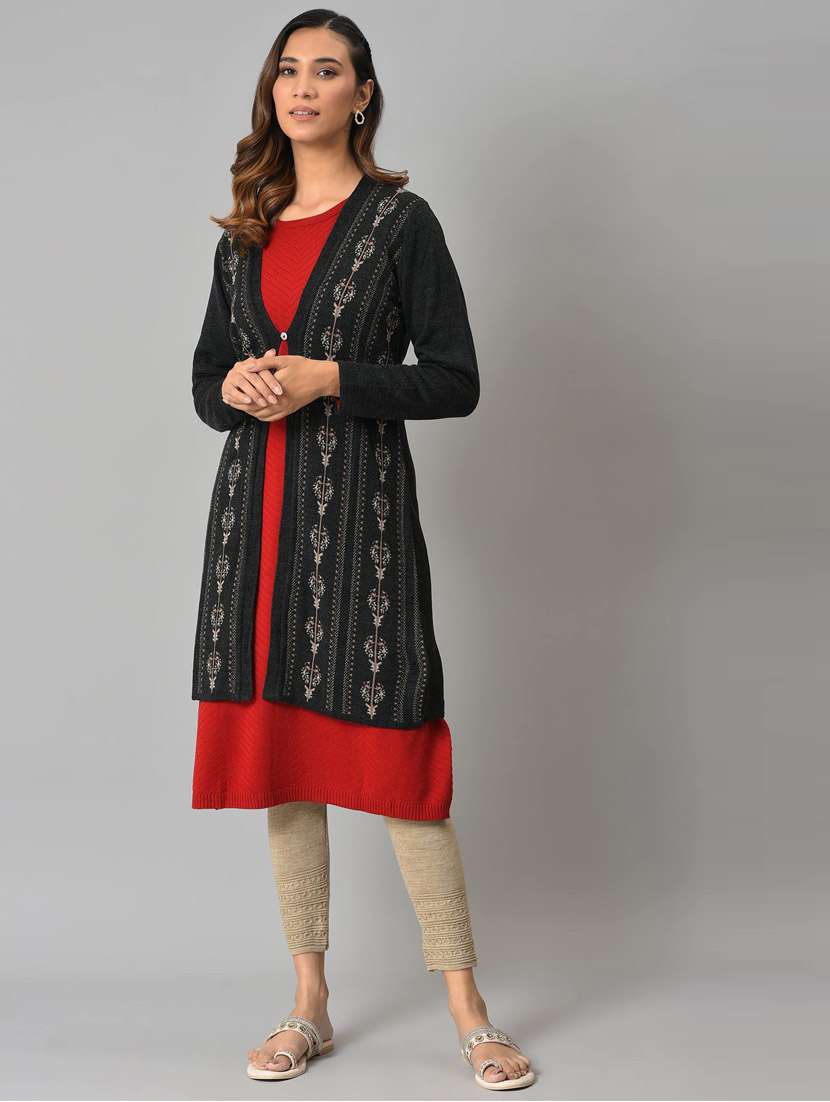 grey floral printed cardigan