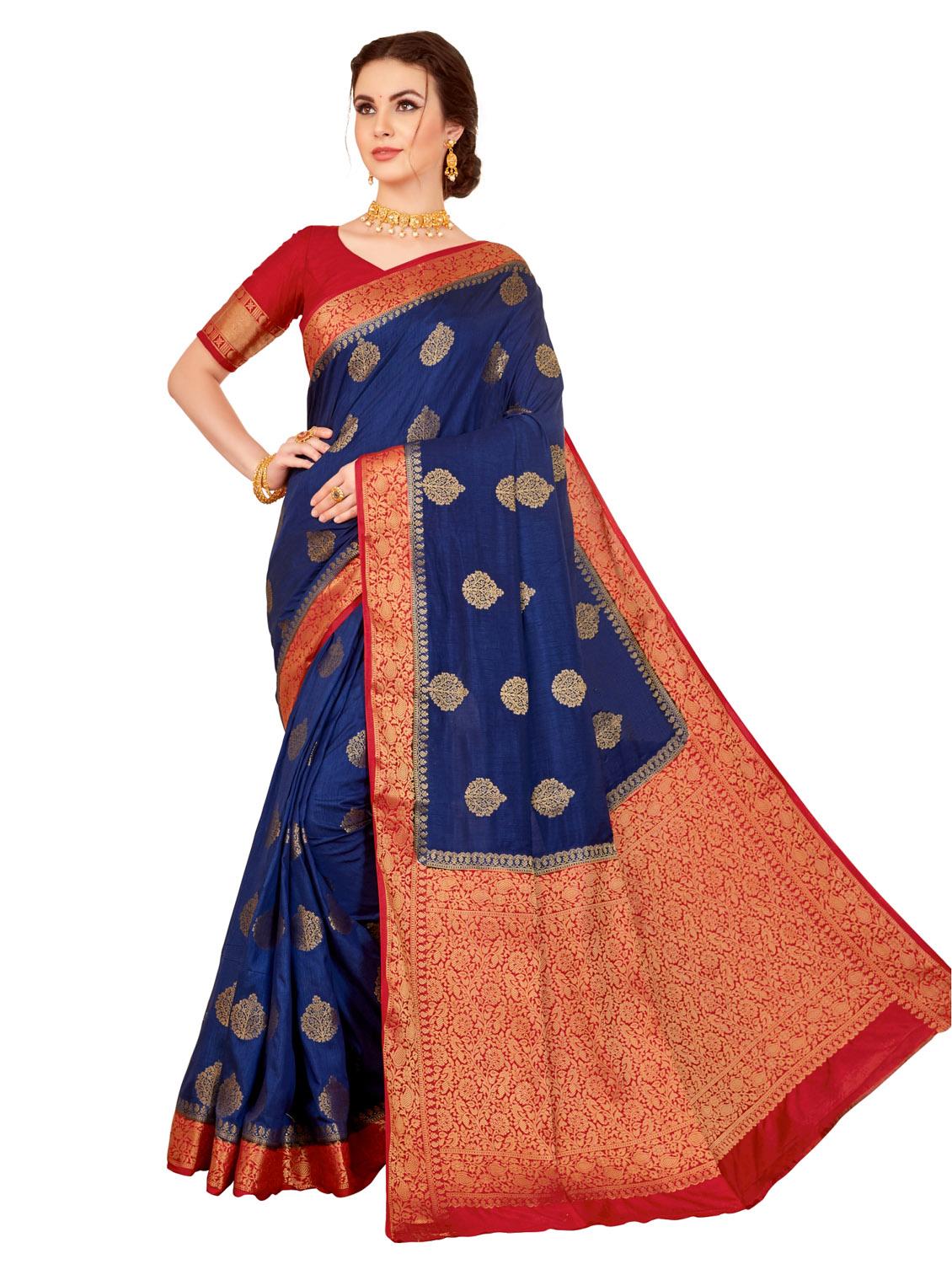 women's self design navy blue colored saree with blouse - 18718687 - Zoom Image - 0