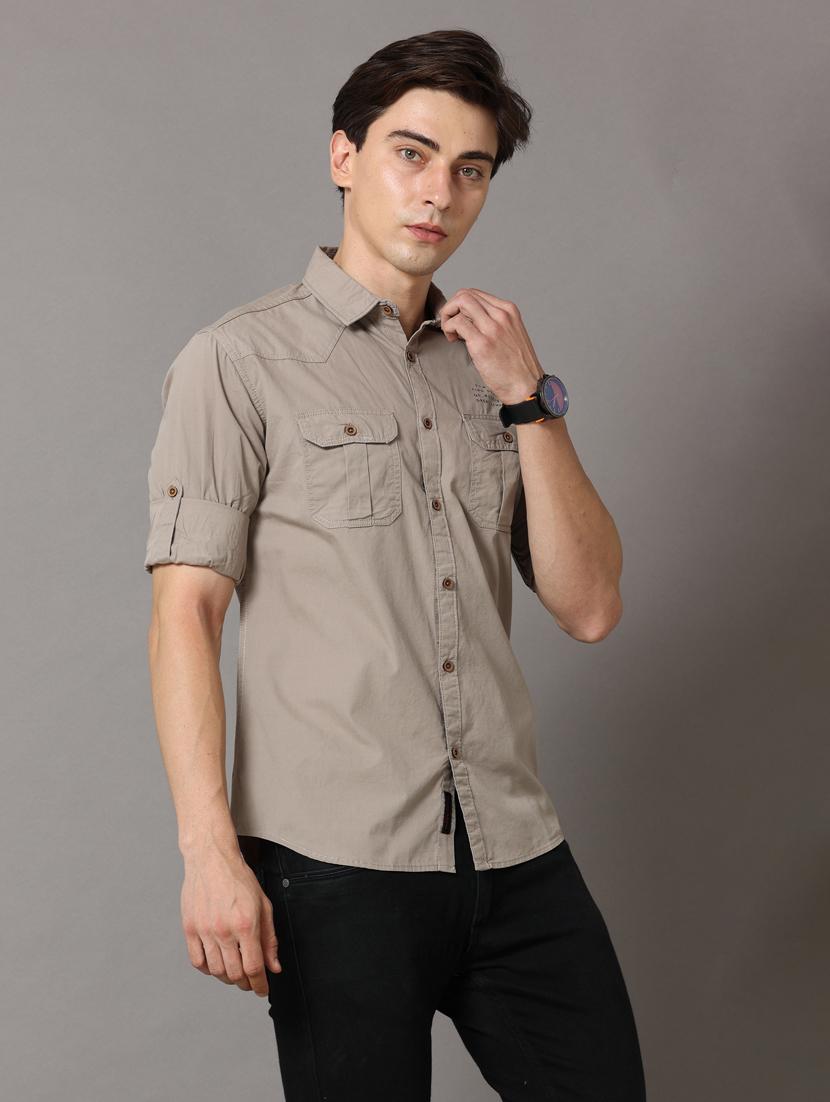 khaki colored solid casual shirt - 18720717 - Standard Image - 2