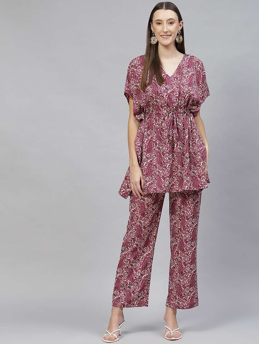v neck printed top and trouser set 