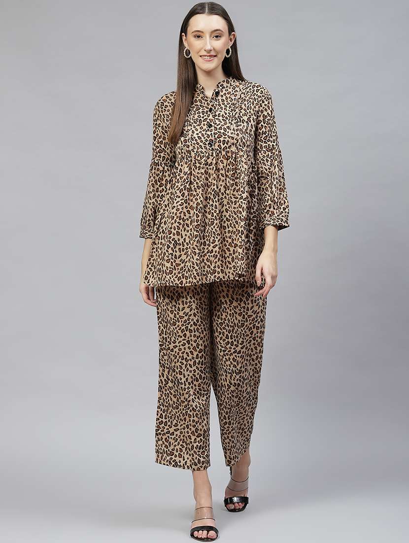 beige animal print top and culottes co-ord set