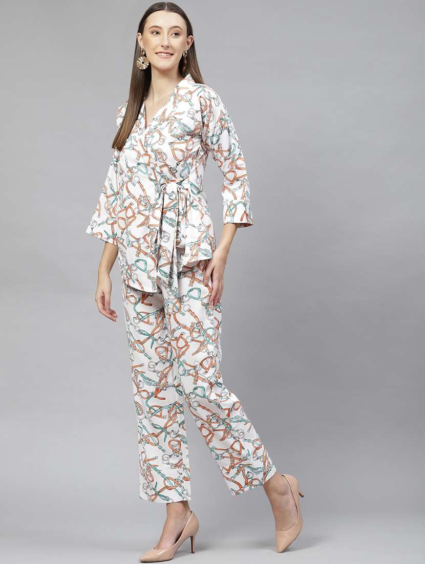 wrap up neck printed top bottom set - 18720835 - Standard Image - 2