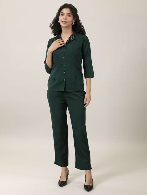 bottle green sequined lapel collar top & trouser set - 18720837 -  Standard Image - 0