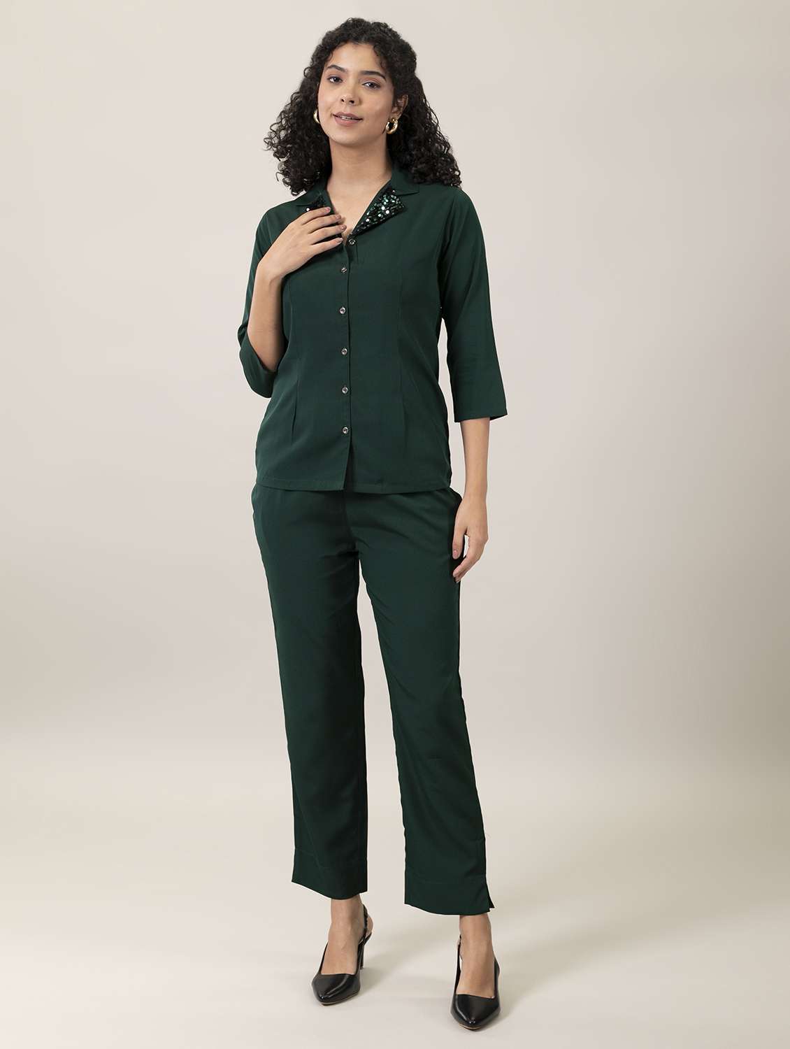 bottle green sequined lapel collar top & trouser set