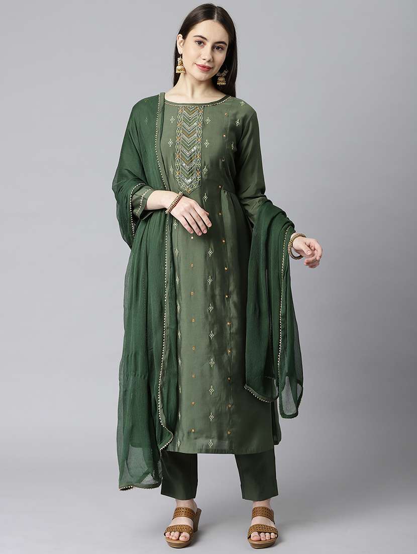 women three quarter sleeve kurta pant with dupatta set