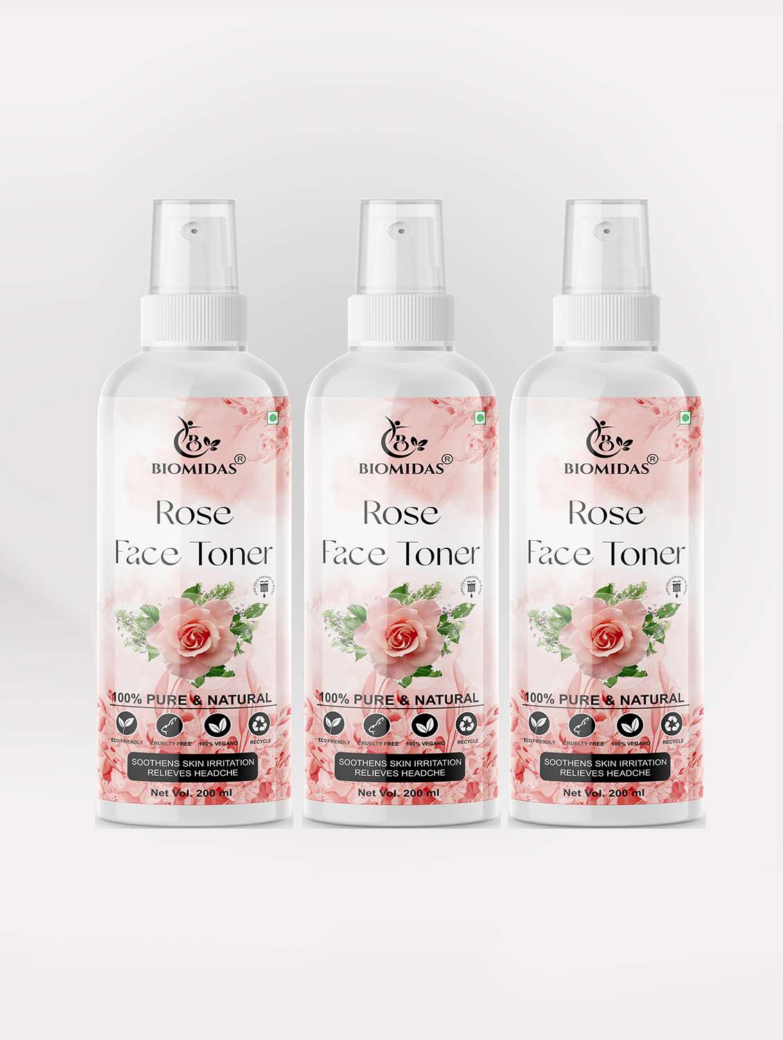 biomidas 100% natural rose toner for cleansing & refreshing skin pore tightening toner with spray 200ml (pack of 3)