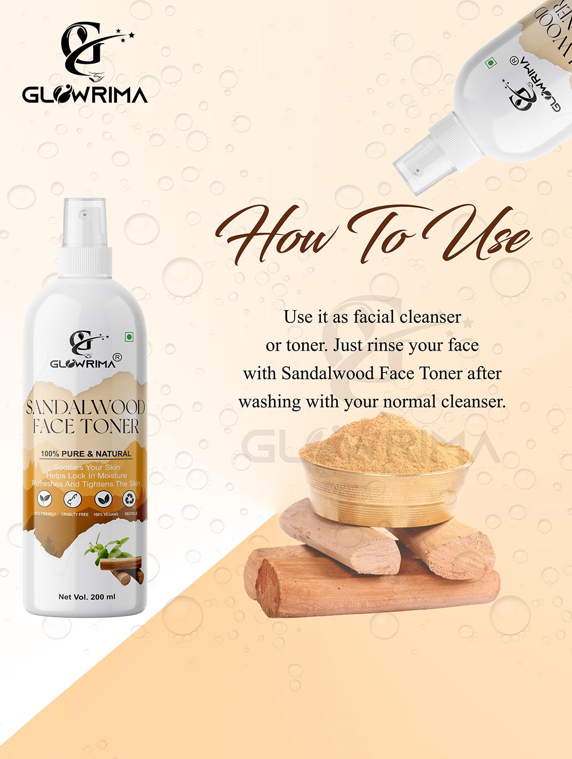 glowrima 100% natural sandalwood toner for cleansing & refreshing skin pore tightening toner with spray 60ml (pack of 1) - 18722464 - Standard Image - 2