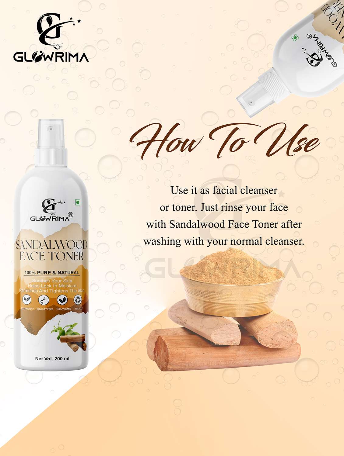 glowrima 100% natural sandalwood toner for cleansing & refreshing skin pore tightening toner with spray 100ml (pack of 3) - 18722498 -  Standard Image - 2