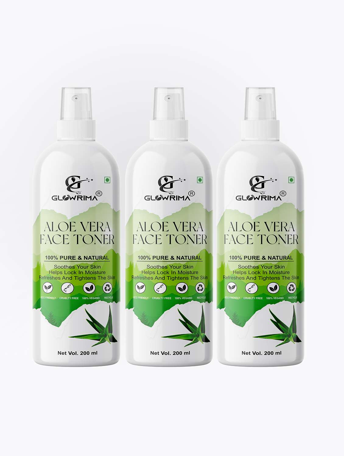 glowrima 100% natural aloe vera toner for cleansing & refreshing skin pore tightening toner with spray 200ml (pack of 3)