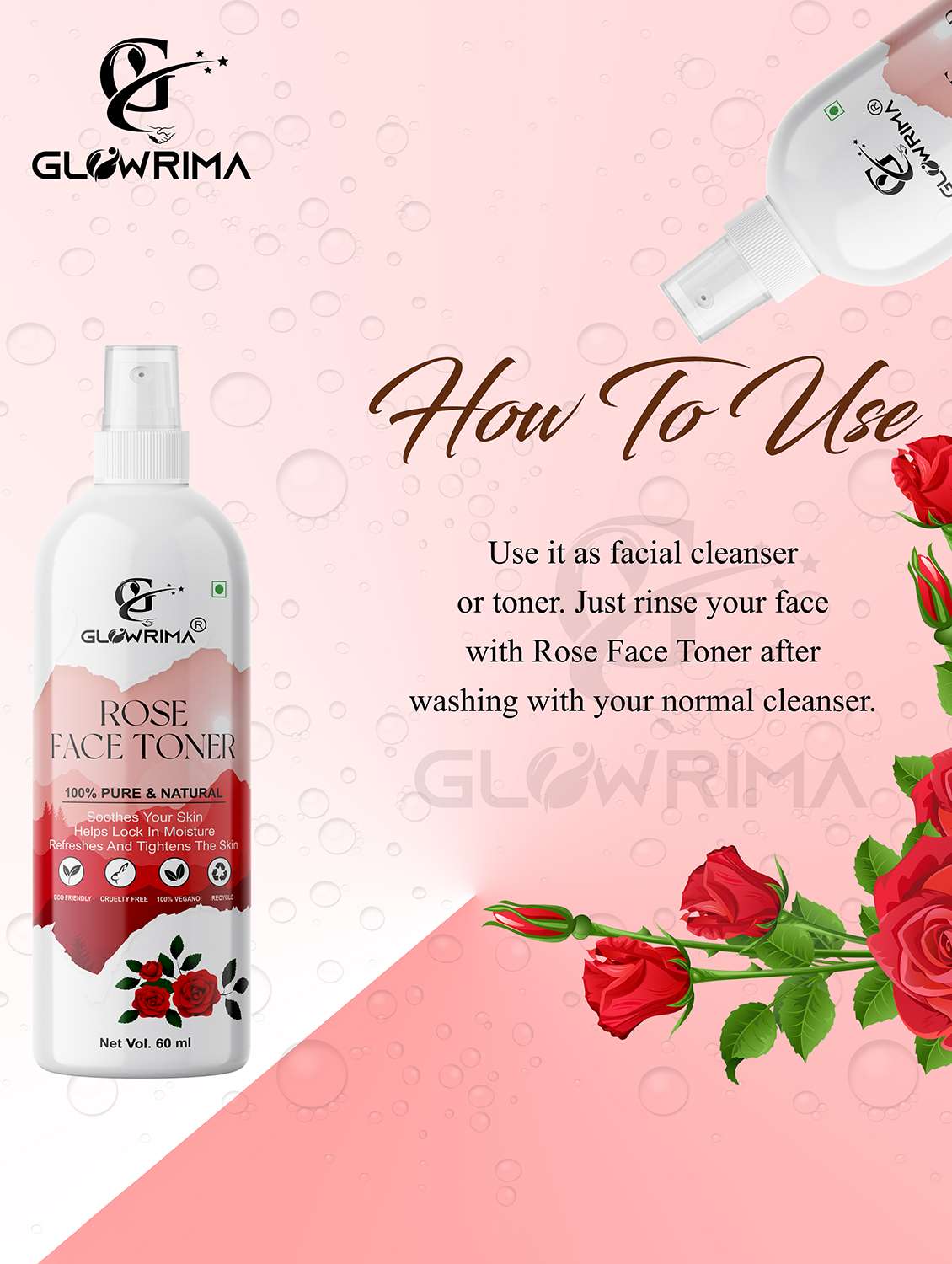 glowrima 100% natural rose toner for cleansing & refreshing skin pore tightening toner with spray 200ml (pack of 1) - 18722519 -  Standard Image - 2