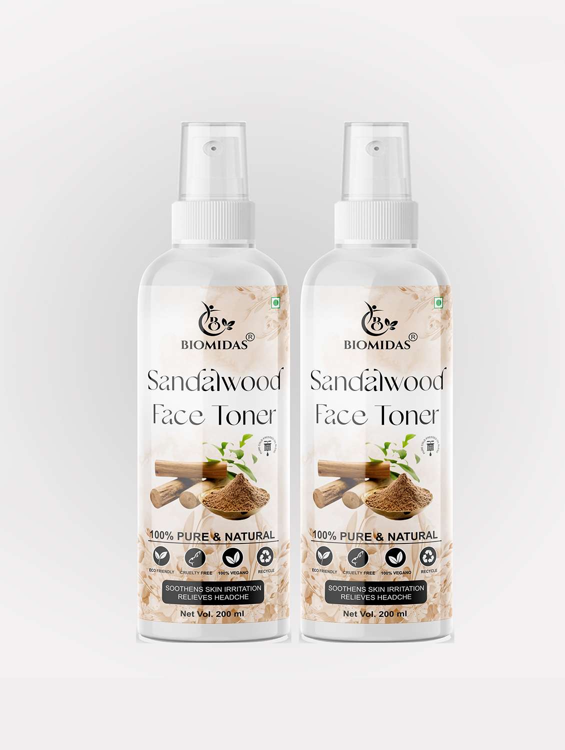 biomidas 100% natural sandalwood toner for cleansing & refreshing skin pore tightening toner with spray 200ml (pack of 2)