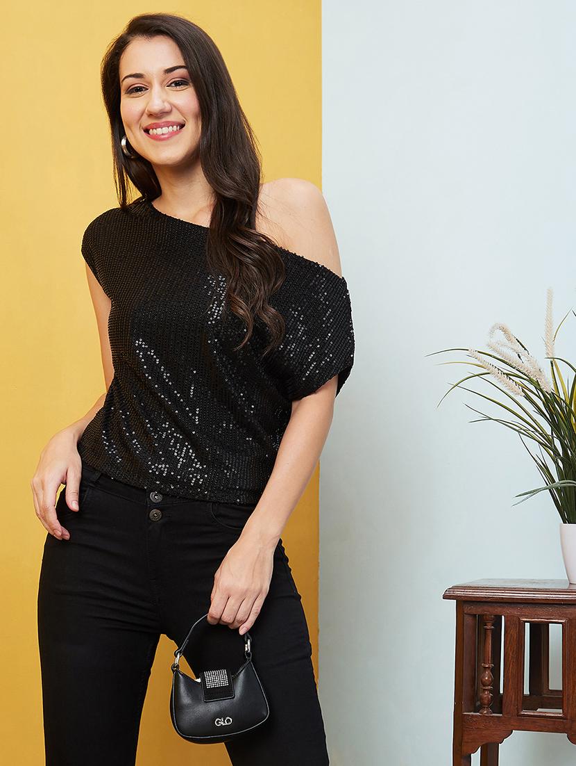 globus women black sequinned stripes one shoulder party crop top  - 18734542 -  Zoom Image - 0