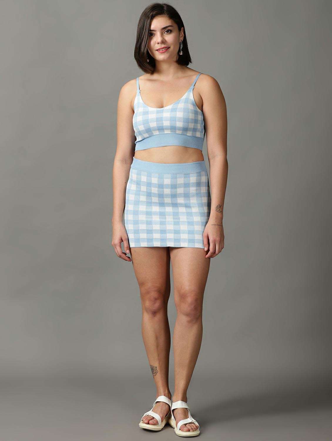 blue & white polyester top and skirt set