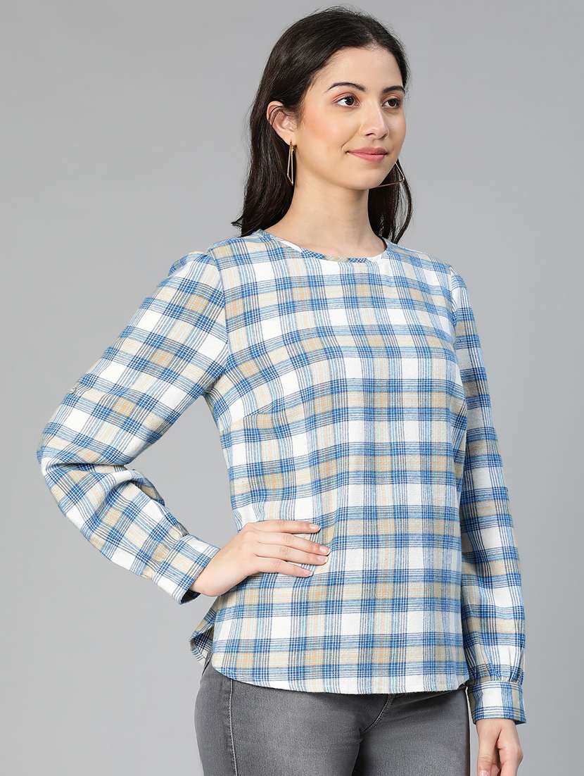round neck checkered regular top - 18735728 - Standard Image - 2