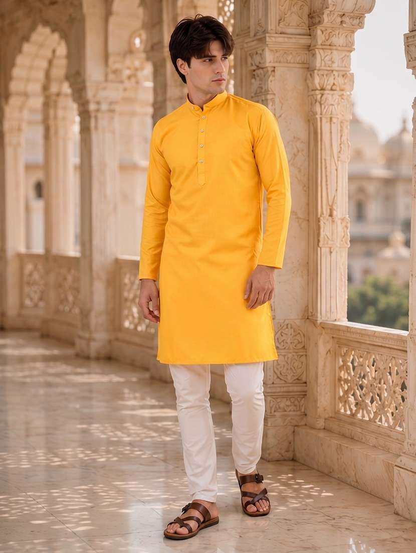 yellow solid mandarin long kurta - 18736568 -  Standard Image - 2