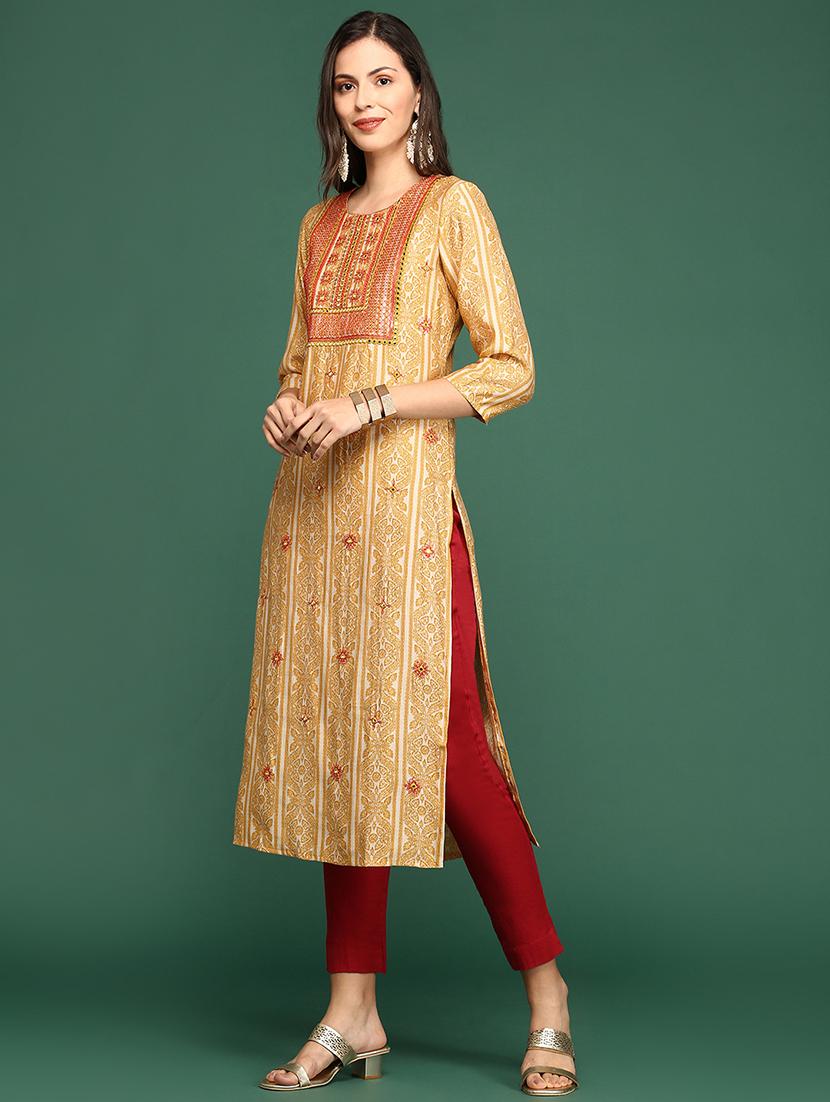 mustard embroidered straight kurta - 18736698 - Standard Image - 2