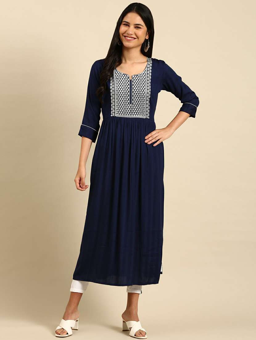 navy blue embroidered flared kurta