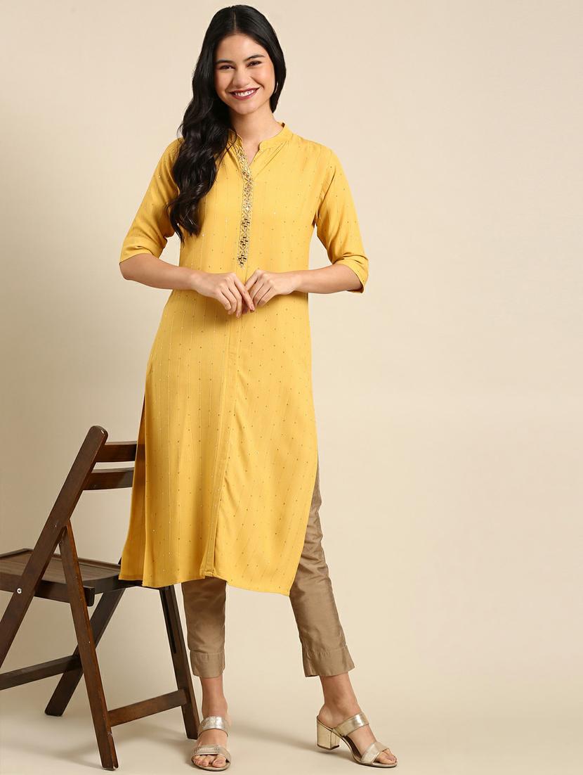 yellow embroidered straight kurta - 18736737 -  Zoom Image - 0