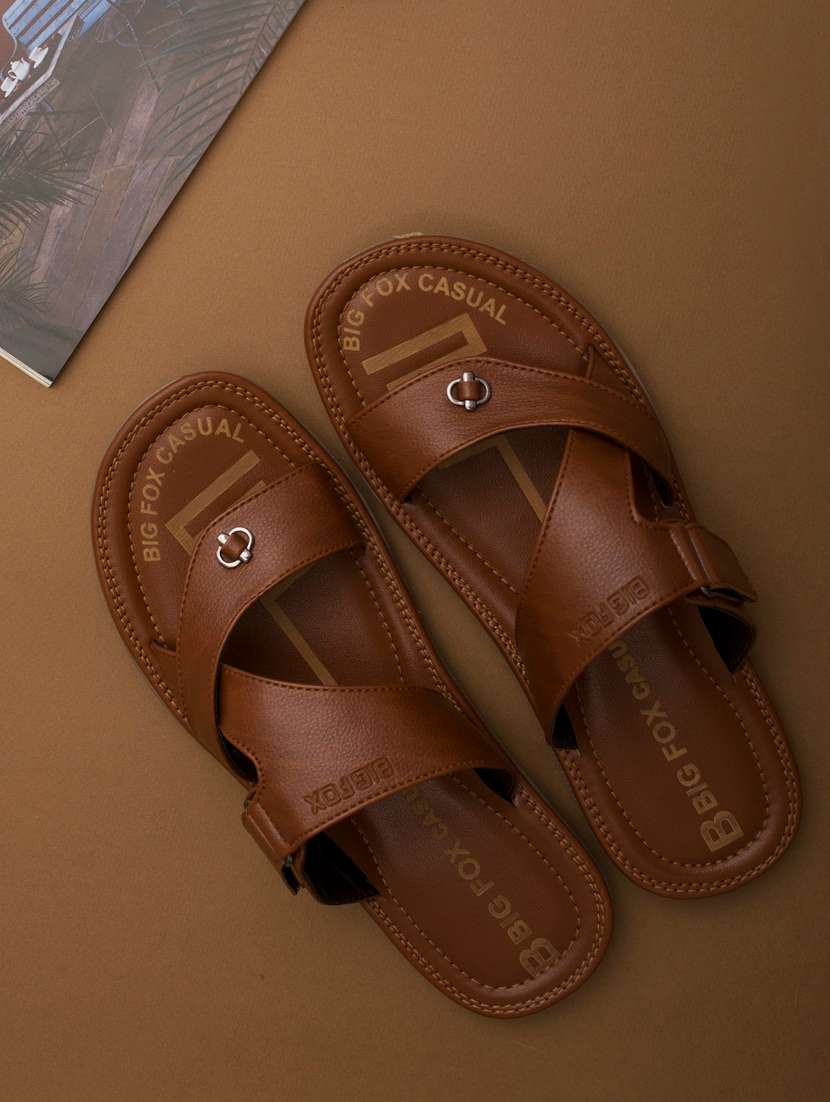 tan synthetic & mesh slip on sandals