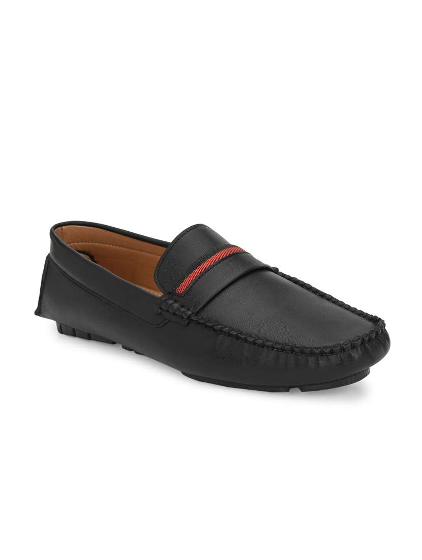 black synthetic slip on loafers